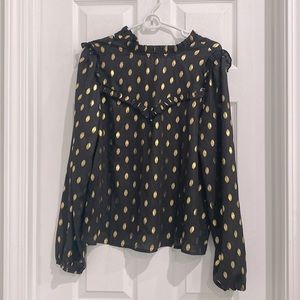 NWOT - SOLY HUX Women's Long Sleeve Elegant Blouse; black & gold Polk dot